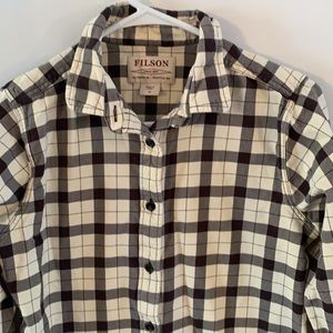 Filson chocolate brown & ivory cream long sleeve plaid button down shirt
